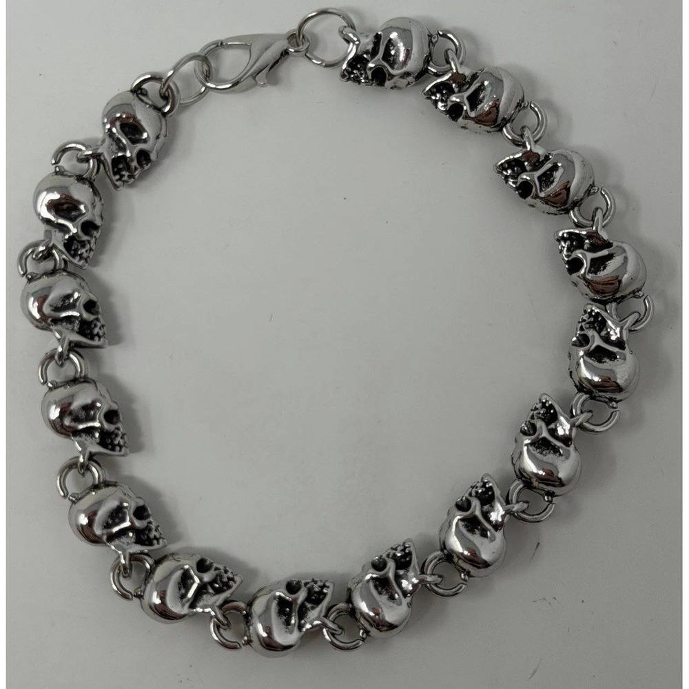 Y2K Skull Bracelet Silver Unisex Link Gothic Punk Biker Chain Lobster Clasp Rock
